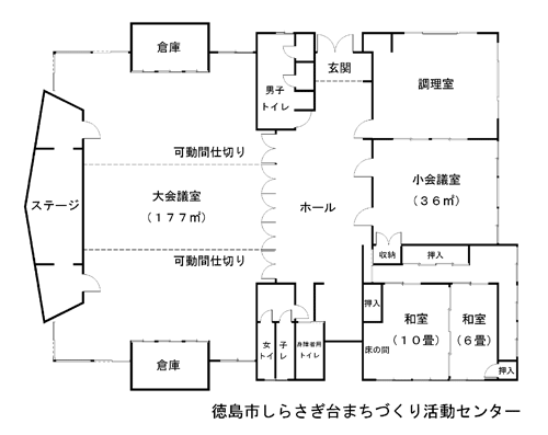 徳島市しらさぎ台まちづくり活動センターフロア図、大会議室　177平方メートル、ステージ有り、小会議室36平方メートル、和室16畳、調理室　　